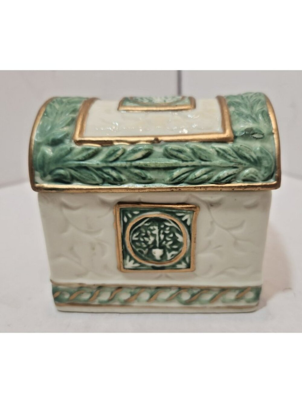 Vtg Fitz and Floyd Georgian Collection Green Gold Small Porcelain Trinket Box